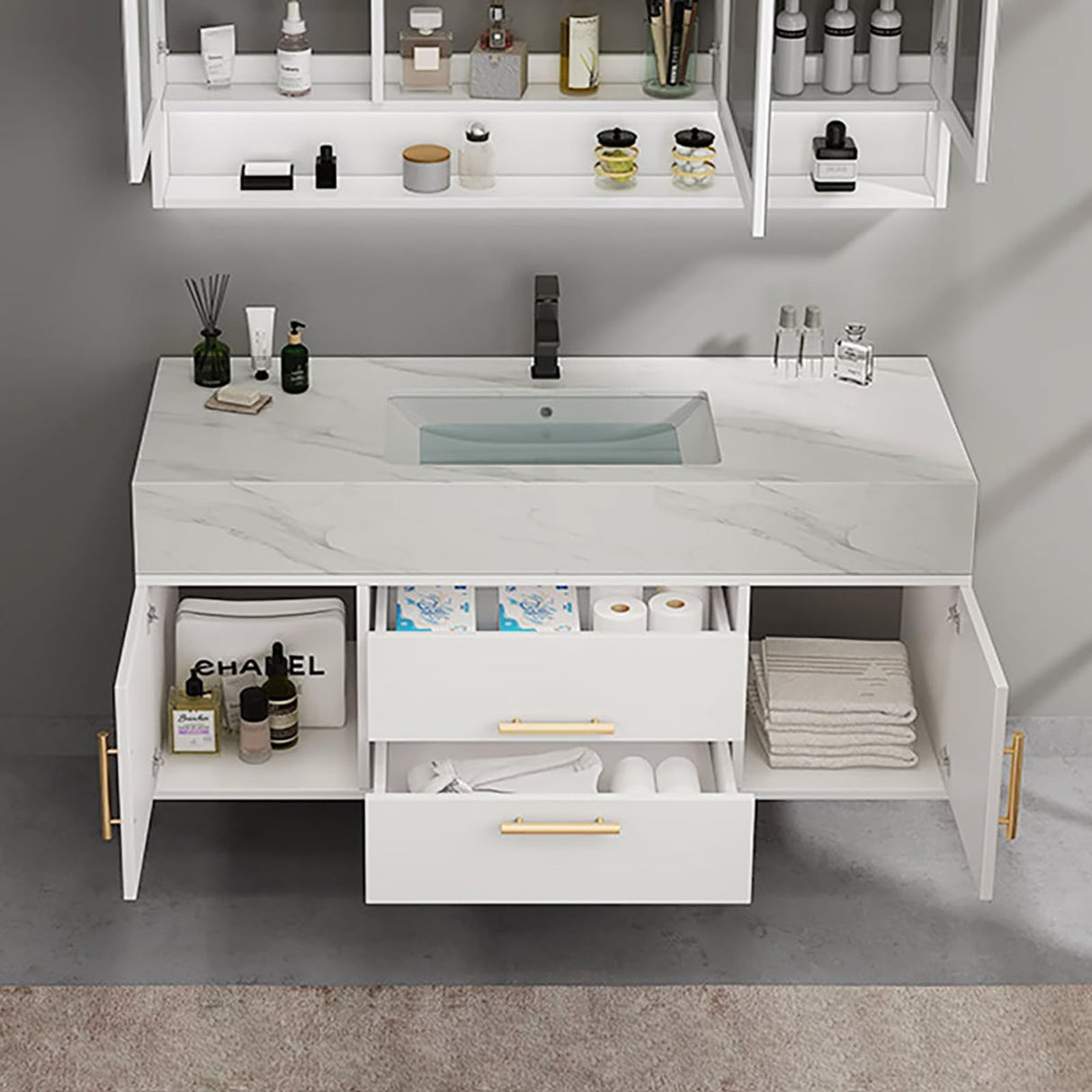 Weibath 39" White Floating Bathroom Vanity Set Stone Top Wall Mounted Bathroom Cabinet Weibath