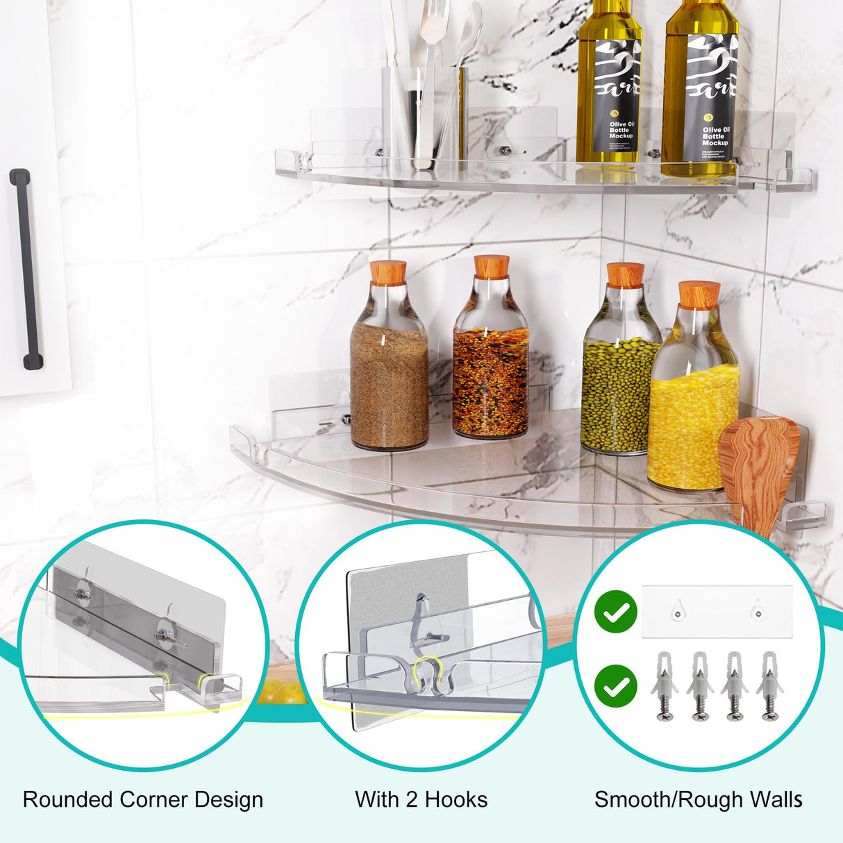 YAWSOUP Acrylic Corner Shower Shelves,Adhesive Shower Caddy Organizer for Bathroom Storage Home Decor,Clear, RustProof, No Drilling Bathroom Wall Shelf,2-Pack YAWSOUP