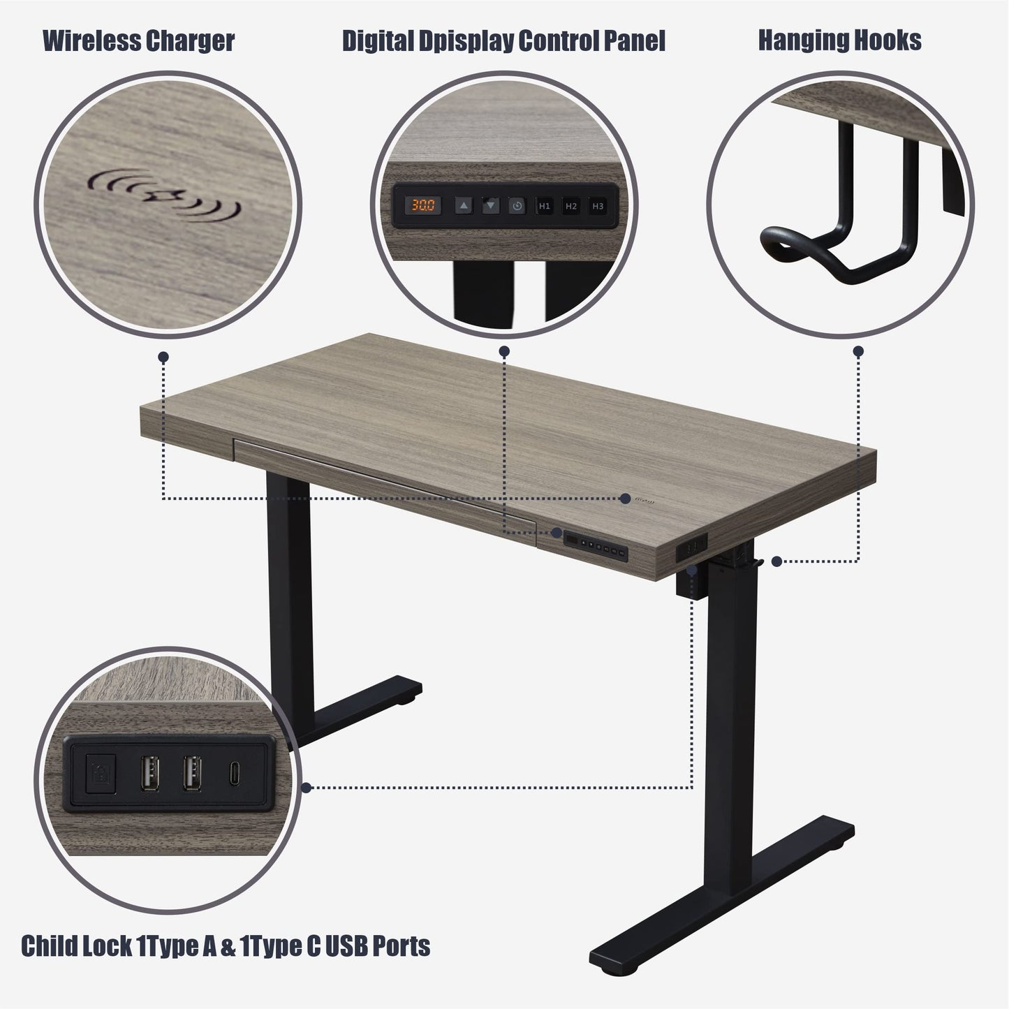 kowo Electric Height Adjustable Standing Desk with Drawer, 55" Home Office Wooden Computer Desk Ergonomic Memory Control Workstation Sit Stand Desk, Grey Oak/Black - WoodArtSupply