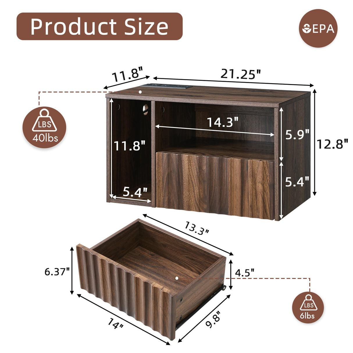 BuildHom Modern Walnut Fluted Floating Nightstand with Charging Station, NightStand with Drawers, Bedside with USB Ports and Outlets, Bedroom Furniture (Set of 2) BuildHom