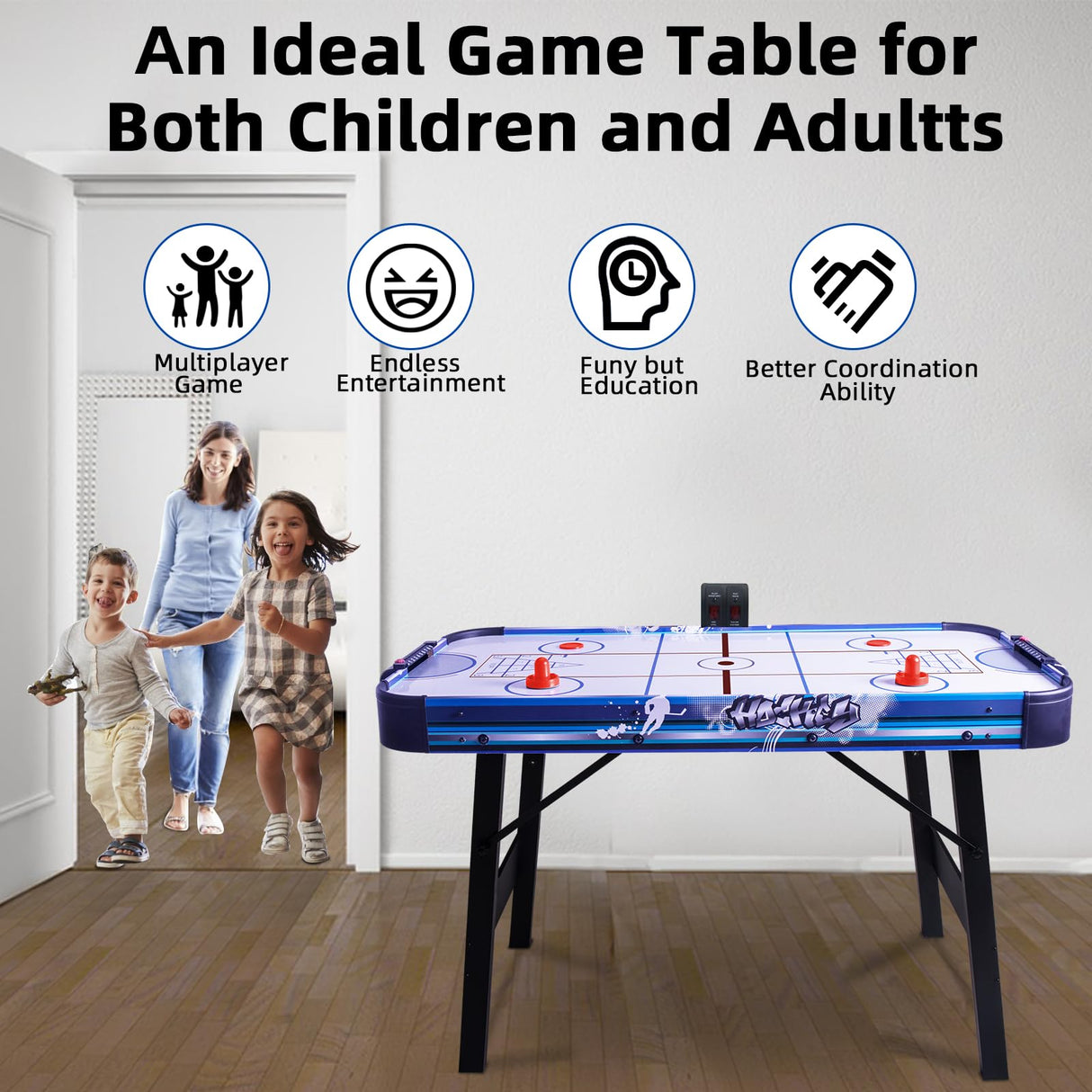 48" Air Hockey Game Table, Powered Ice Hockey Game Table Combines Bowling and Shuffleboard, Arcade Games Machines for Home with Round Corner Hyner