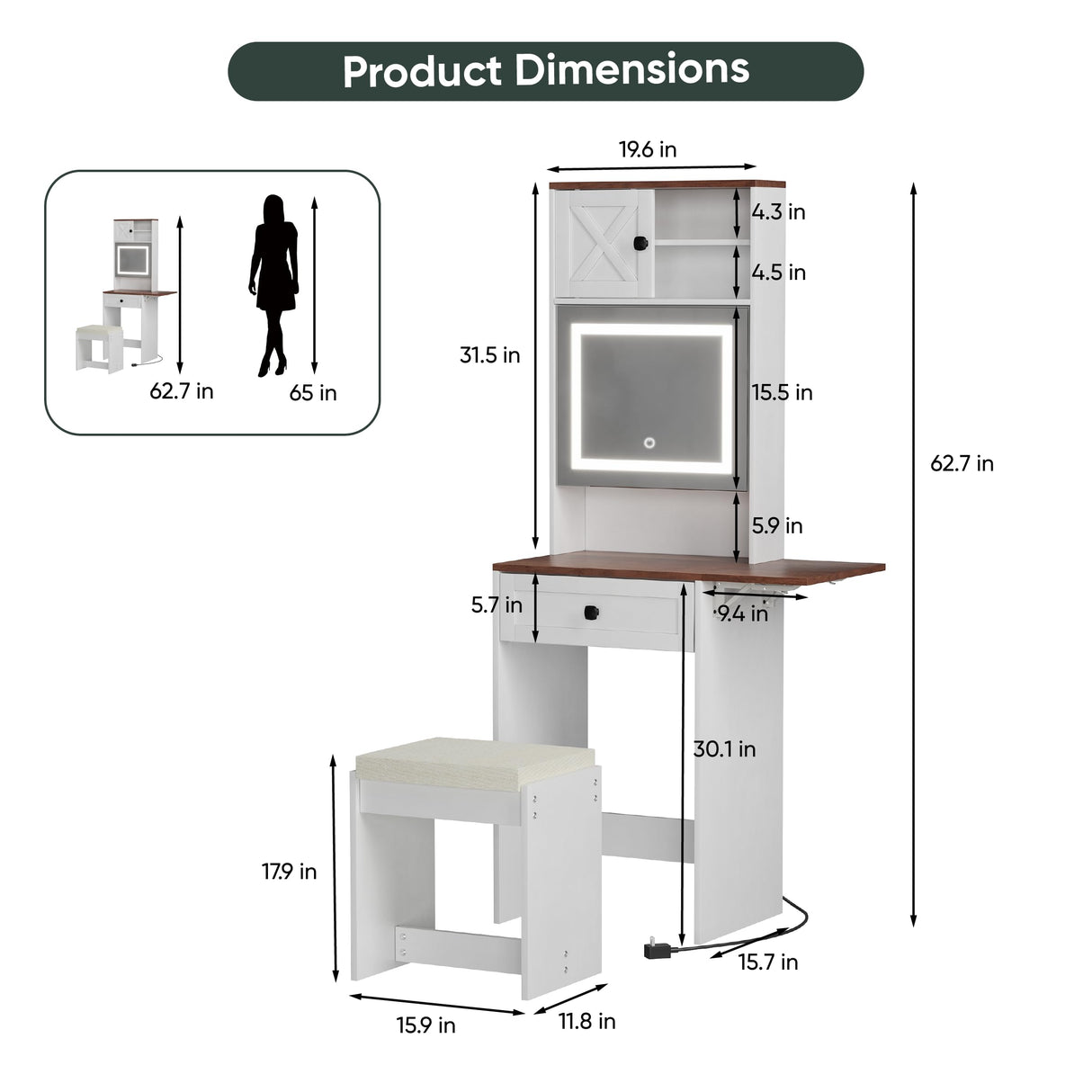 Vanity, Small Vanity Desk with Mirror and Lights, Farmhouse Makeup Vanity Table with 3 Adjustable Lighted Mirror and Chair for Compact Space, Corner Mini White Make up Table with Fold-up Panel Smart FENDEE