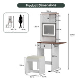 Vanity, Small Vanity Desk with Mirror and Lights, Farmhouse Makeup Vanity Table with 3 Adjustable Lighted Mirror and Chair for Compact Space, Corner Mini White Make up Table with Fold-up Panel Smart FENDEE