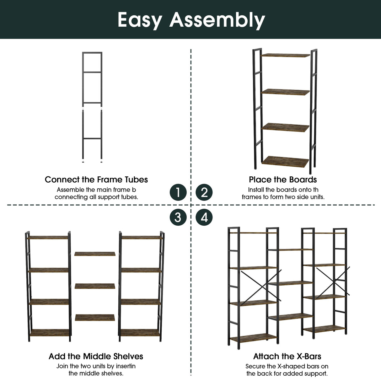 GRUSIGN Triple 4 Tier Book Shelf, Modern Bookcase Shelf, Freestanding Large Display Shelves for Living Room/Office/Garage, Stable Large Bookshelf with Storage for Books/Lego/Plants, Rustic Brown GRUSIGN