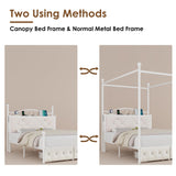 Queen Upholstered Canopy Bed Frame with 2 Drawers & Crystal Tufted Storage Headboard Metal Platform Bed with Charging Station & 4 Removable Posts No Box Spring Needed Curtain Not Included, Beige Keyluv