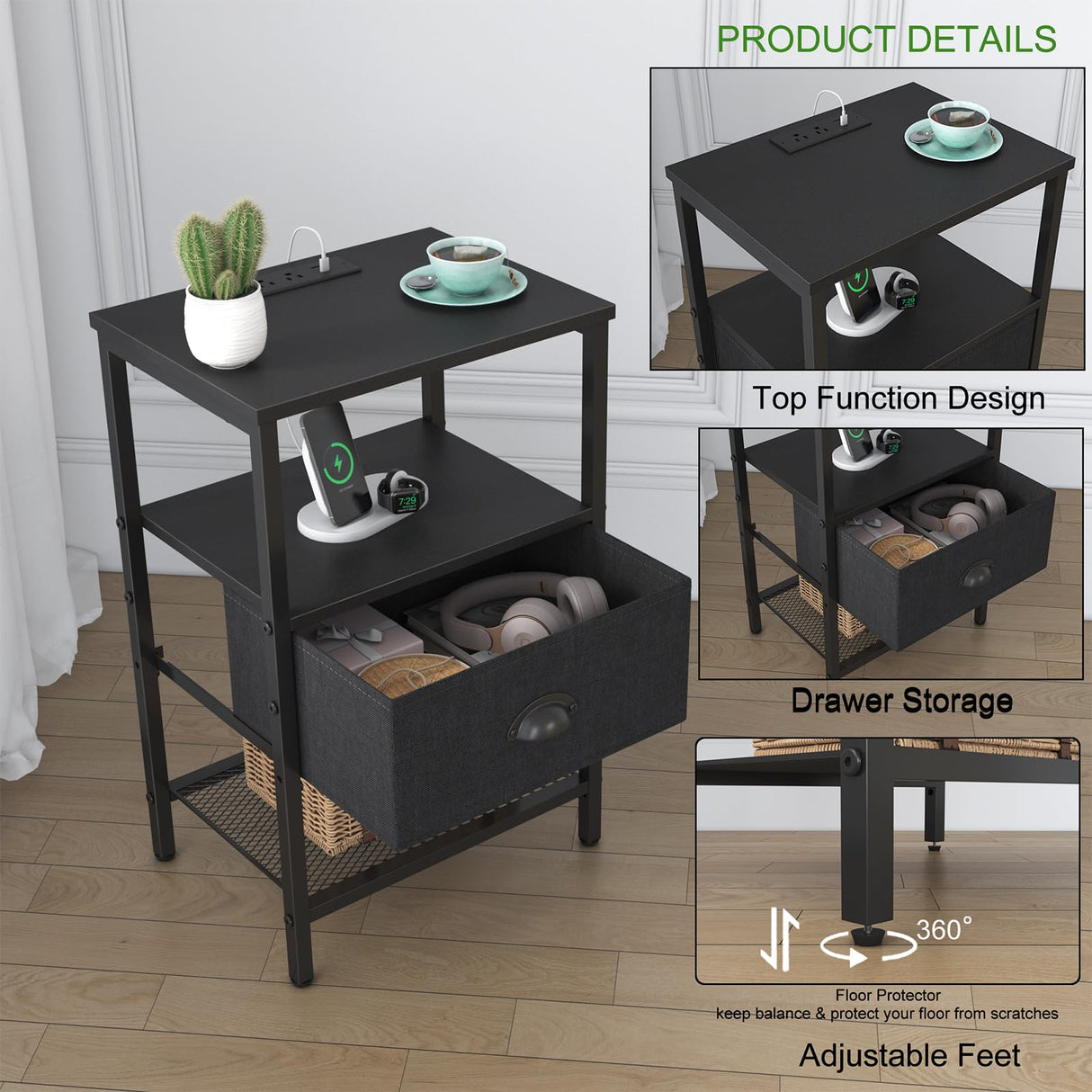 Sthmec Nightstands Set of 2, LED Bedside Tables with Charging Station and Fabric Drawer, Night Stand with Storage, 3 Tier Side Table with Open Shelf for Living Room, Bedroom, Black Generic