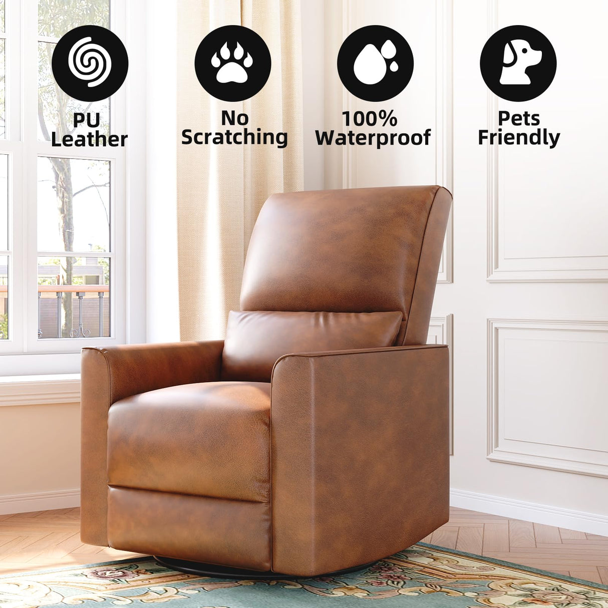 GAOMON Swivel Rocking Recliner Chair, Manual Leather Recliner Glider with Lumbar Support & Padded Armrest, Comfortable Rocker Nursery Single Sofa for Living Room and Bedroom (Brown) GAOMON