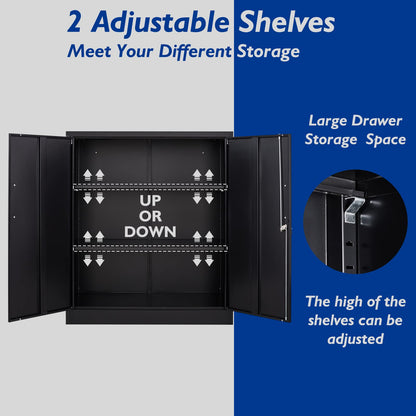 AFAIF Metal Storage Cabinets with Locking Doors&2 Adjustable Shelves, Lockable Steel Office Cabinet, Black Counter Cabinet Small Locking Cabinet Locked Tool Cabinet for Home, Office, Garage, Hallway