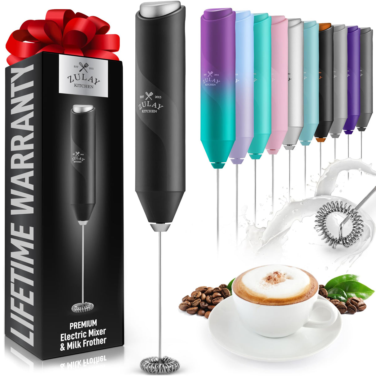 Zulay Kitchen Powerful Milk Frother Wand - Mini Milk Frother Handheld Stainless Steel - Battery Operated Drink Mixer for Coffee, Lattes, Cappuccino, Matcha - Froth Mate Milk Frother Gift - Black Zulay Kitchen
