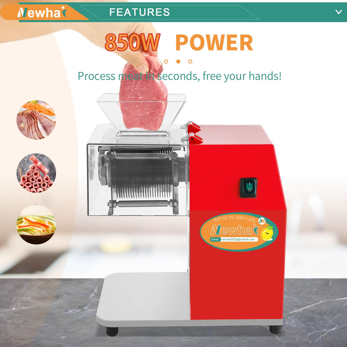 Newhai 850W Meat Cutter Machine, Commercial Meat Cutting Machine 5mm/0.2inch Heavy Duty, Stainless Steel Meat Slicer Shredder Restaurant, for Boneless Meat Soft Vegetables Newhai