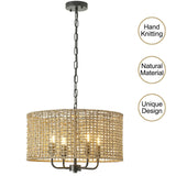 Giutna Rattan Wicker Drum Chandeliers for Dining Room, 4-Light Bohemian Hand-Woven Farmhouse Drum Pendant Chandelier Light Fixture for Entryway Living Room Kitchen Stairway Bedroom Hallway Giutna