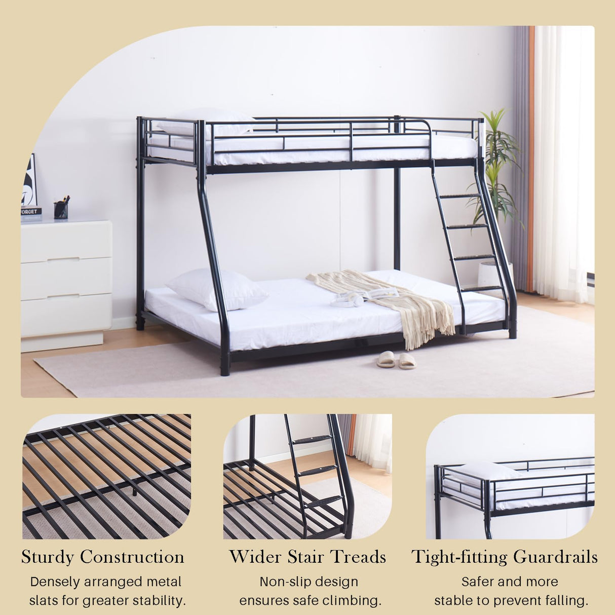 KAIFAM Metal Bunk Bed, Full Size Bed Frame for Adults, Twin Over Full Bunk Bed with Safety Guardrail and Ladder, Trundle Bed Twin, No Box Spring Needed, Noise Free for Apartment, Bedroom (Black) KAIFAM