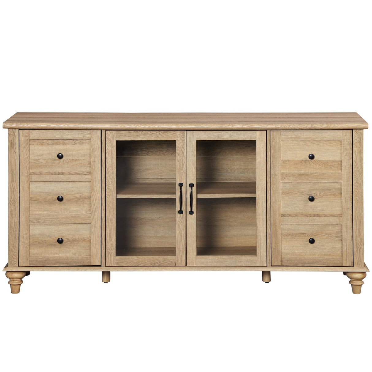 WAMPAT Farmhouse Sideboard Buffet Cabinet with Glass Door & Adjustable Shelf, Wooden Coffee Bar Table with Solid Wood Leg, Kitchen Storage Cabinet for Dining Room, Oak, 58 Inch WAMPAT