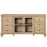 WAMPAT Farmhouse Sideboard Buffet Cabinet with Glass Door & Adjustable Shelf, Wooden Coffee Bar Table with Solid Wood Leg, Kitchen Storage Cabinet for Dining Room, Oak, 58 Inch WAMPAT