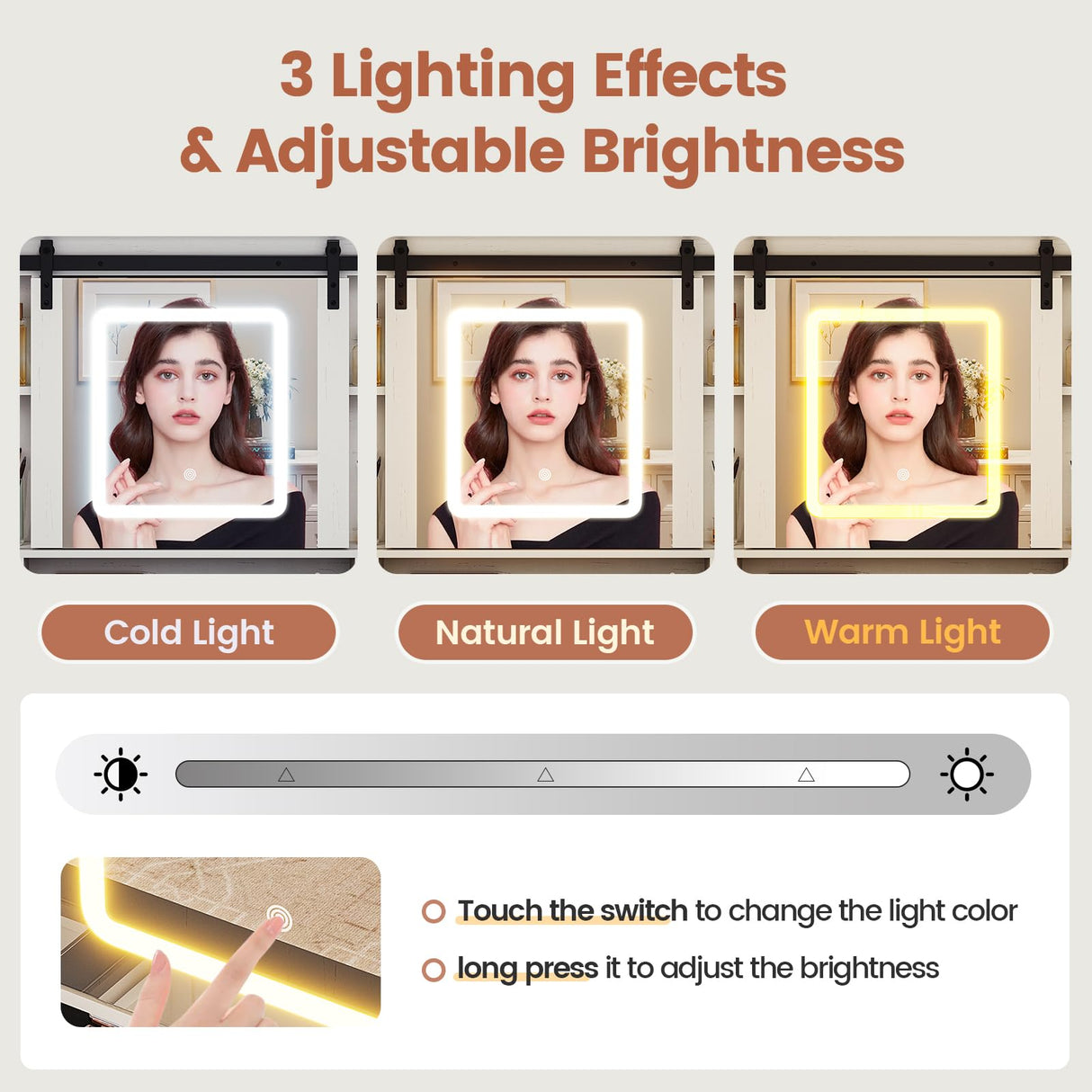 BTHFST Farmhouse Vanity Desk with Sliding Mirror and Lights, Large Makeup Vanity with Glass Top & Charging Station, Vanity Table with 5 Drawers & Shelves & Cabinets, Antique White BTHFST