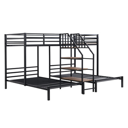 Harper & Bright Designs Metal Triple Bunk Bed with Storage Shelves Staircase, L-Shaped Twin Size Triple Bunk Beds, 3-in-1 Beds for Kids Teens Adults, Space Saving Design, Black