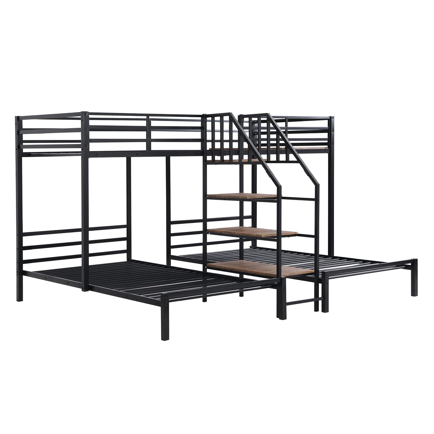 Harper & Bright Designs Triple Bunk Bed with Storage Stairs, Twin Over Twin & Twin Bunk Bed for 3, Metal Bunk Bed with Shelves for Kids Teens Adults, No Box Spring Needed (Black)