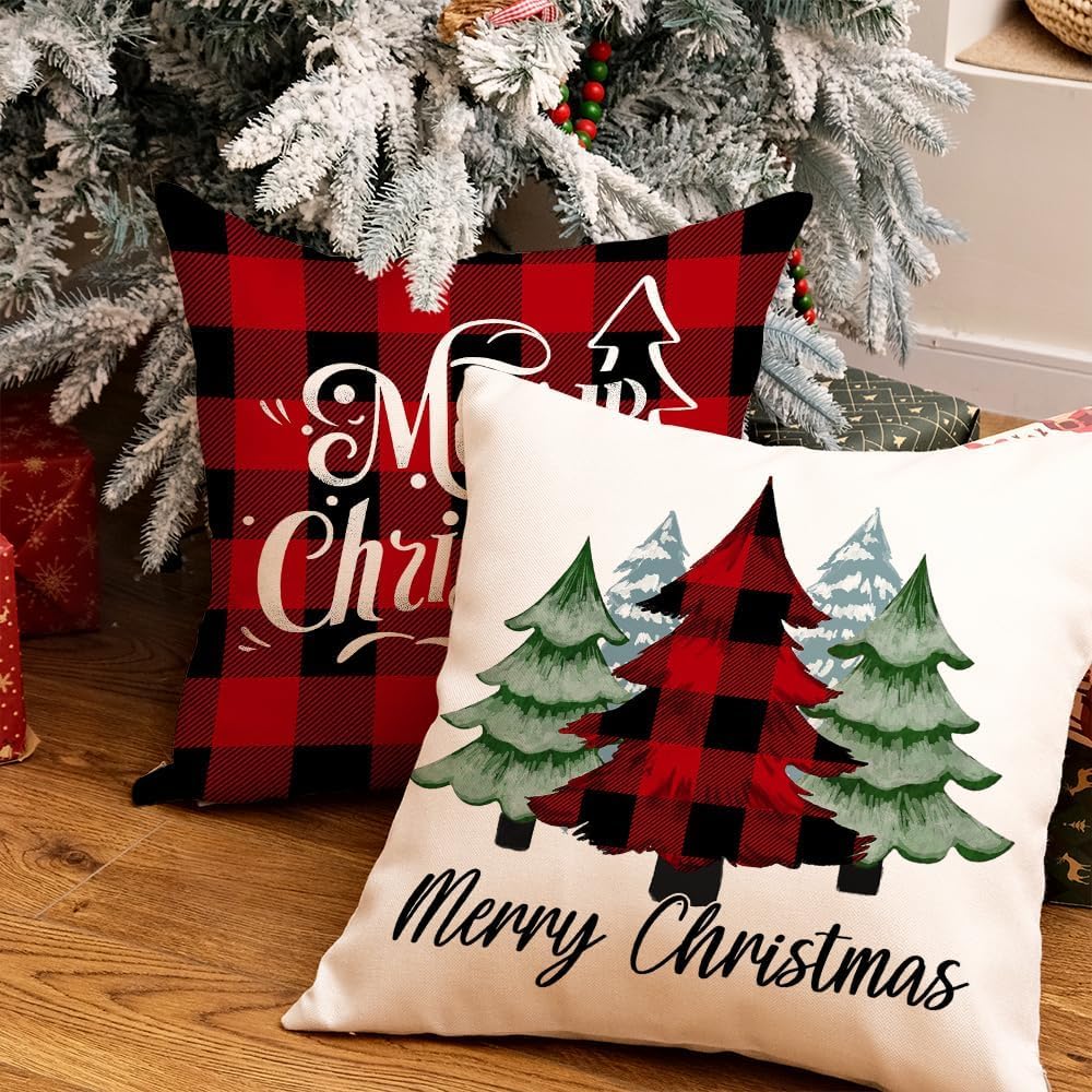 GEEORY Merry Christmas Throw Pillow Covers 18x18 Inch Set of 4, Xmas Trees Truck Buffalo Plaid Believe Farmhouse Decorative Cushion Cases for Home Decoration G421-18 GEEORY