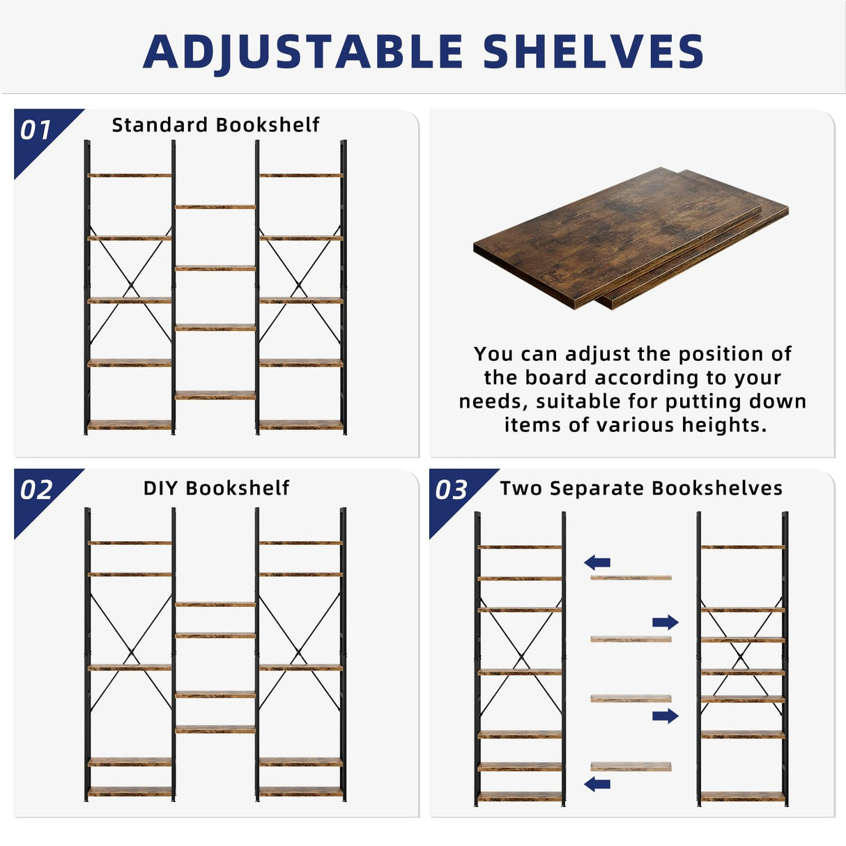NUMENN Vintage Brown Triple Column 5-Tier Adjustable Bookshelf with 14 Open Display Shelves NUMENN