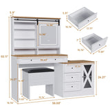 amzzar Farmhouse Vanity Desk with Sliding Lighted Mirror, White Makeup Vanity Table with Drawers and Side Storage, Large Dressing Table Vanity Set with Stool and Charging Station for Bedroom amzzar