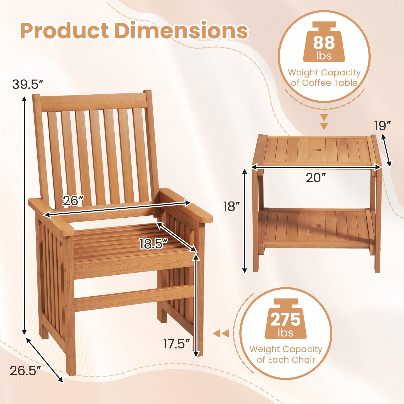 Tangkula 3 Pieces Patio Furniture Set with 1.5” Umbrella Hole, Wood Table and Chairs Set for 2, for Porch, Backyard, Poolside, Lawn, Deck - WoodArtSupply