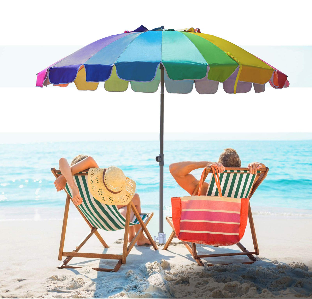 AMMSUN 7.5ft Heavy Duty HIGH Wind Beach Umbrella with sand anchor & Tilt Sun Shelter, UPF 50+ Protection Outdoor Umbrellas Sunshade with Carry Bag for Patio Garden Pool Backyard Rainbow AMMSUN