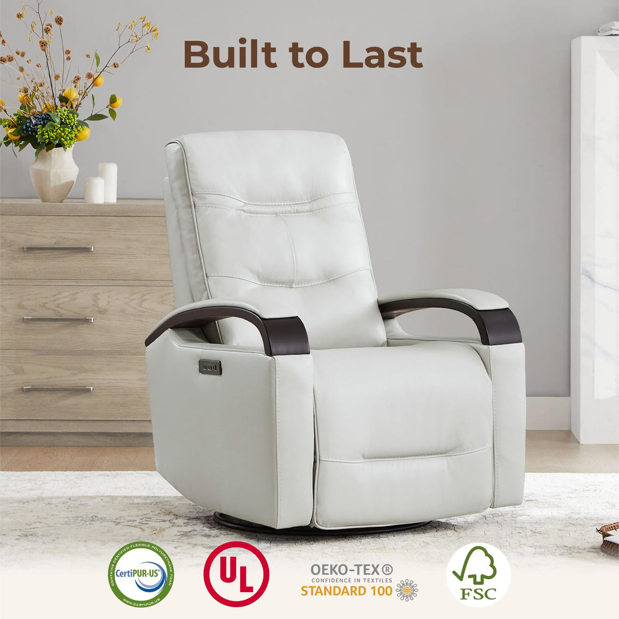 CHITA Genuine Leather Power Swivel Glider Rocker Recliner, FSC Certified Mid Century Modern Recliner Chair for Adults, Adjustable Power Headrest, for Nursery and Living Room, Creamy Grey CHITA