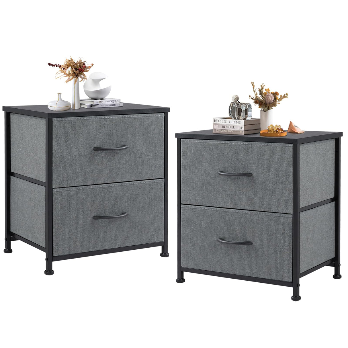 DUMOS Nightstand Set of 2, Small Dresser with 2 Fabric Drawers Side Bedroom End Table Kids Bedside Storage Furniture for 25 inch Tall Night Stand for Closet, Entryway, College Dorm, Grey, M-2 Pack DUMOS