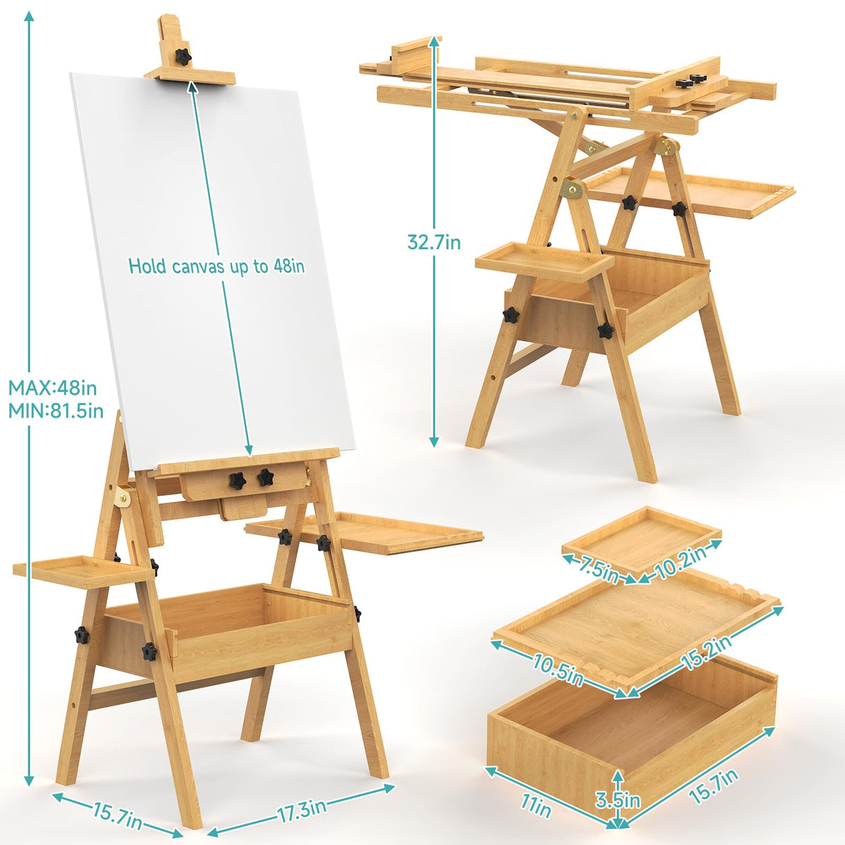 Solid Beech Wood H-Frame Easel, Large Painting Easel with Storage Box and Palette, Professional Foldable Studio Art Easel Stand with Signature Box for Adults, Holds Canvas Art up to 48" YACONA