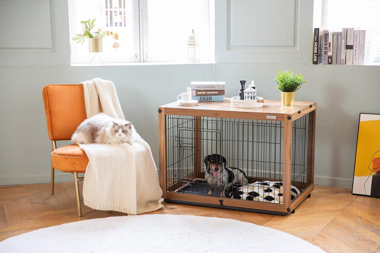 Dog Crate Furniture with Removable Top Cover, Wooden Crate with Tray, Dog Kennel Indoor for Small/Medium/Large Dogs(Light Brown, 37.4" L*25.9" W*25.8" H) Furnipeture