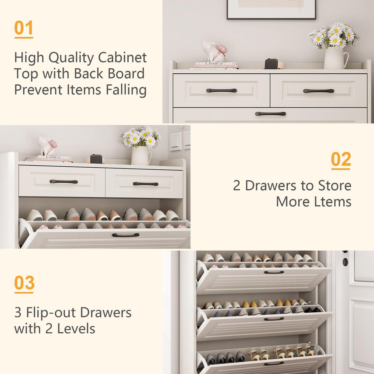 Shoe Cabinet for Entryway, Narrow Shoe Storage Cabinet with 3 Flip Drawers and 2 Top Drawers, Modern Shoe Rack Organizer Cabinet for Hallway, Apartment, Living Room, White Lakifun
