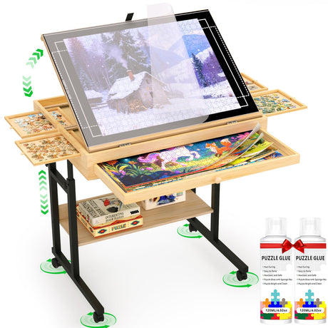 Large Puzzle Table with Drawer for 300-1500 Piece Jigsaw Puzzles – Adjustable Height & Angle, Wooden Puzzle Board with Felt PP Cover, Storage Shelf, Metal Stand, Wheels for Adults & Enthusiasts CEDARDVD