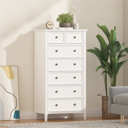 IKENO White 7 Drawer Tall Dresser, Tall Solid Wood Large Storage Cabinet, Modern Simple White Tall Chest of Drawer for Bedroom Living Room Hallway Entryway (White) - WoodArtSupply