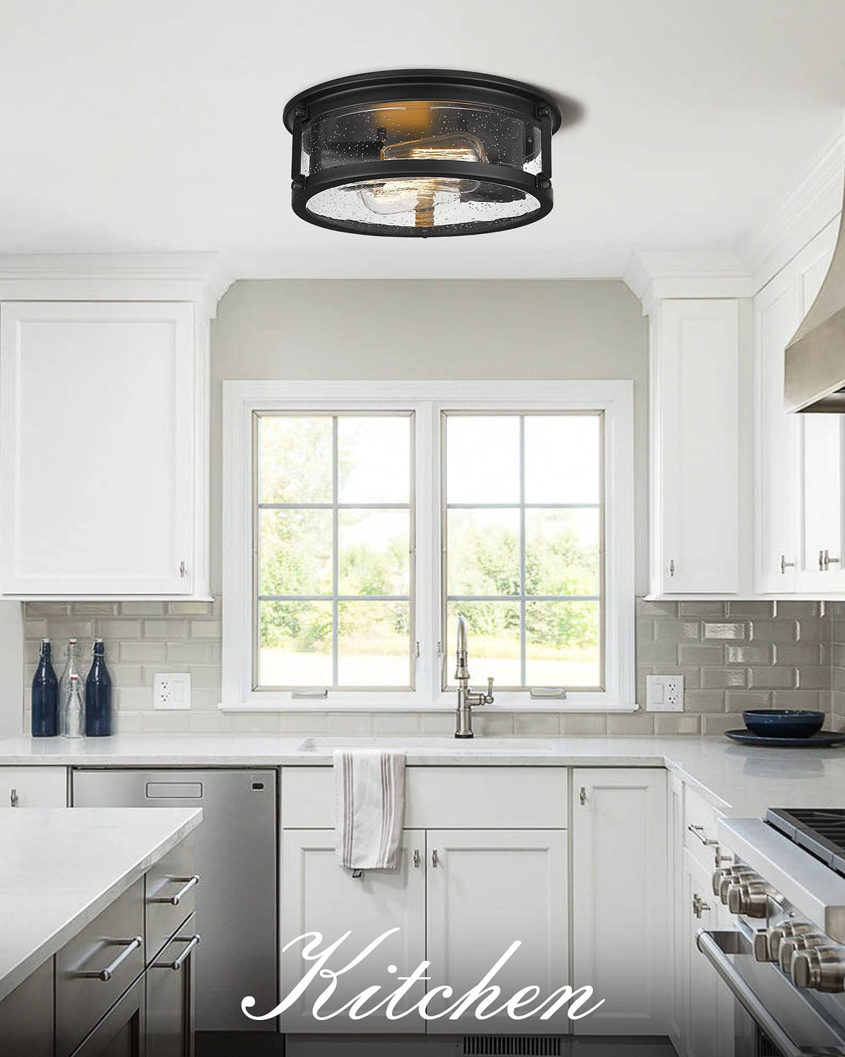 FOITTON Industrial Flush Mount Ceiling Light, 2-Light Farmhouse Metal Cage Ceiling Lights for Hallway,Kitchen,Stairways,Bedroom,Matte Black Finish FOITTON