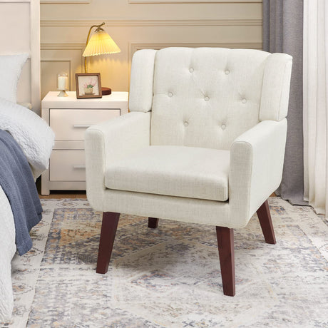 Accent Reading Chair Button-Tufted Upholstered Comfy Mid Century Modern Chair with Linen Fabric Lounge Arm Chairs for Living Room Bedroom (Beige) Living&Giving