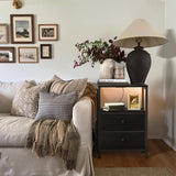 BOLUO Black Nightstand with Charging Station, LED Night Stand with 2 Fabric Drawers, Bedside Table with USB Ports and Outlets, Nightstand for Bedroom Modern BOLUO