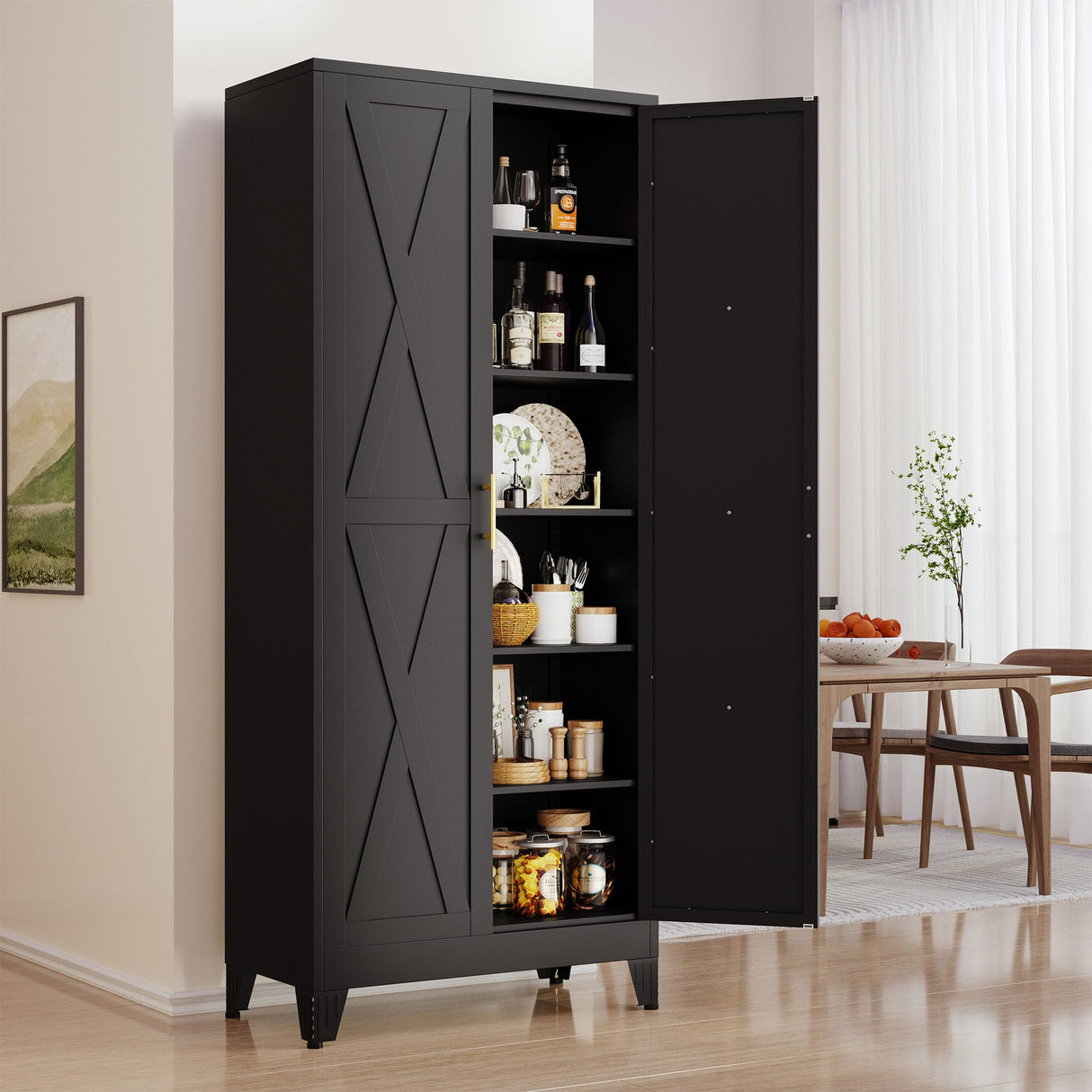 75" Tall Metal Kitchen Pantry Storage Cabinet with 2 Doors and 5 Adjustable Shelves, White Food Freestanding Cupboard for Kitchen, Dining Room, Bathroom and Garage (Black) pozdeg