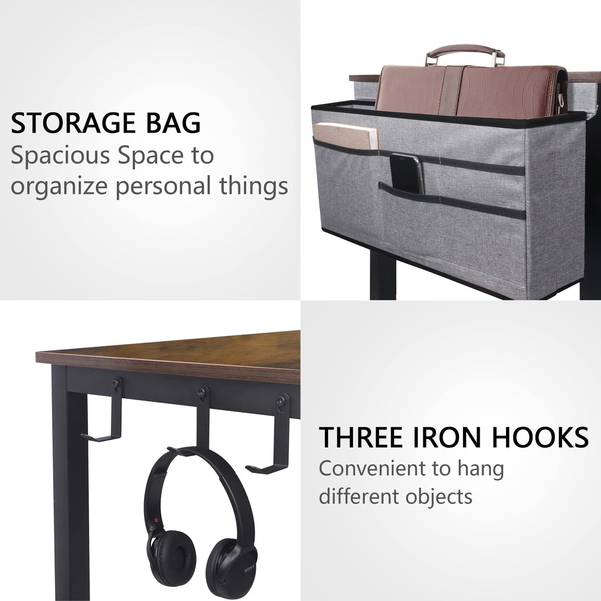 AHB 47" Rolling Computer Desk with 4 Smooth Wheels and 3 Iron Hooks, Simple Style Mobile Writing Desk Home Office Study Table Movable Workstation with Metal Frame AHB