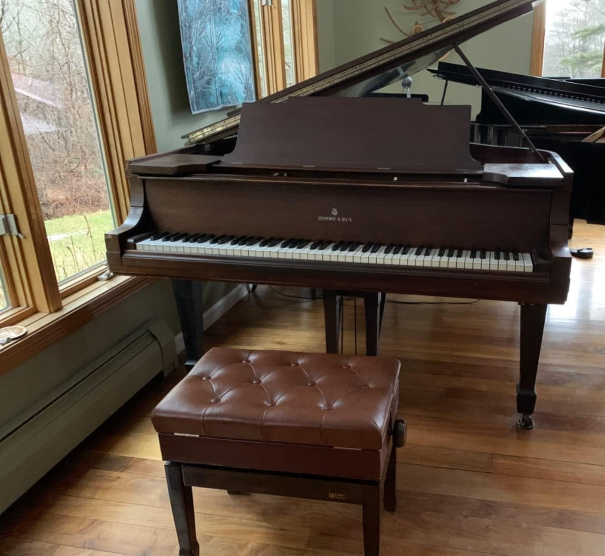 CPS Imports Genuine Leather Adjustable Artist Piano Bench Stool in Walnut with Music Storage CPS Imports