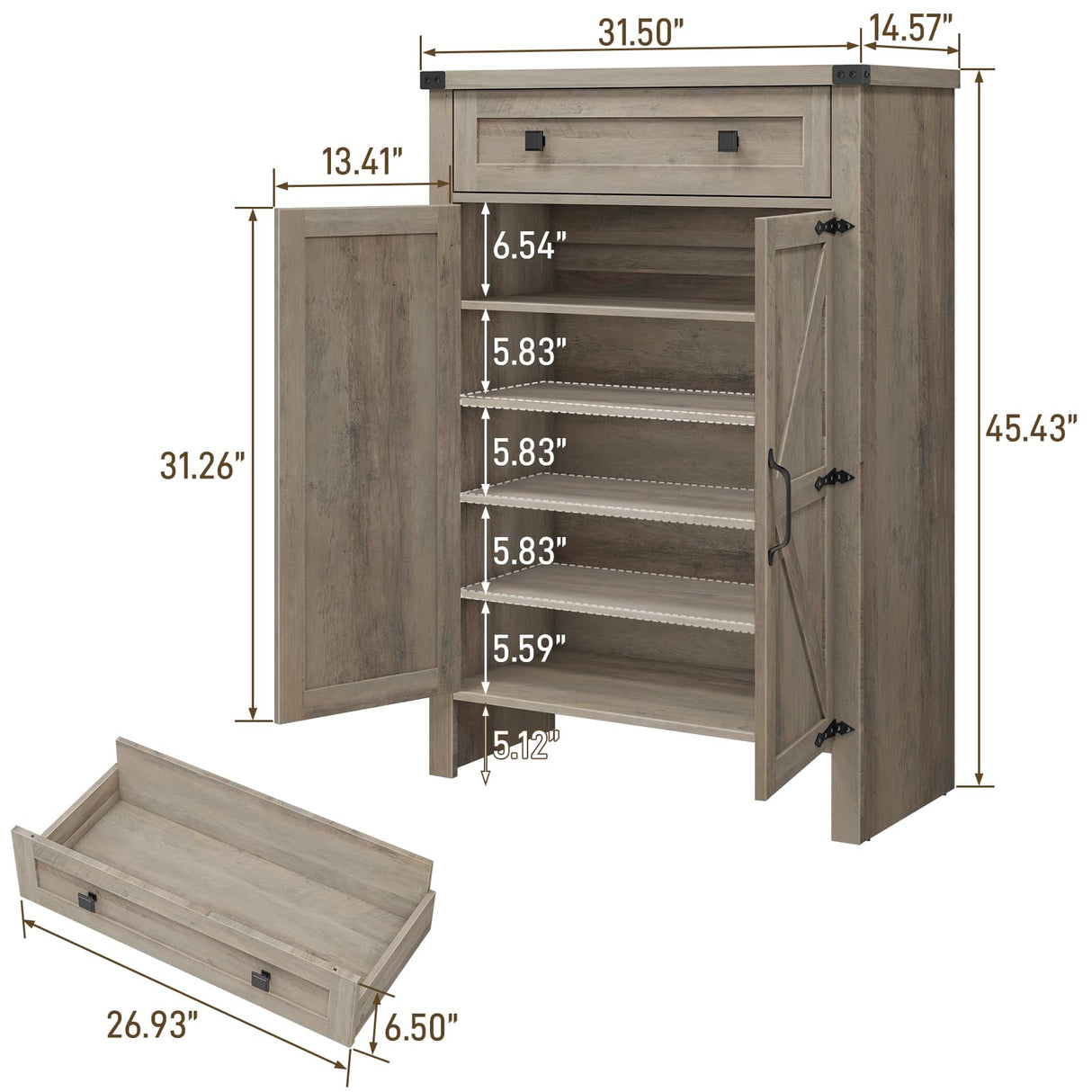 Halitaa Shoe Cabinet, Farmhouse Shoe Storage Organizer, Shoe Storage Cabinet with Doors & Drawer, Boots High-Shoe Cabinet Organizer for Entryway Living Room Hallway, Grey Halitaa