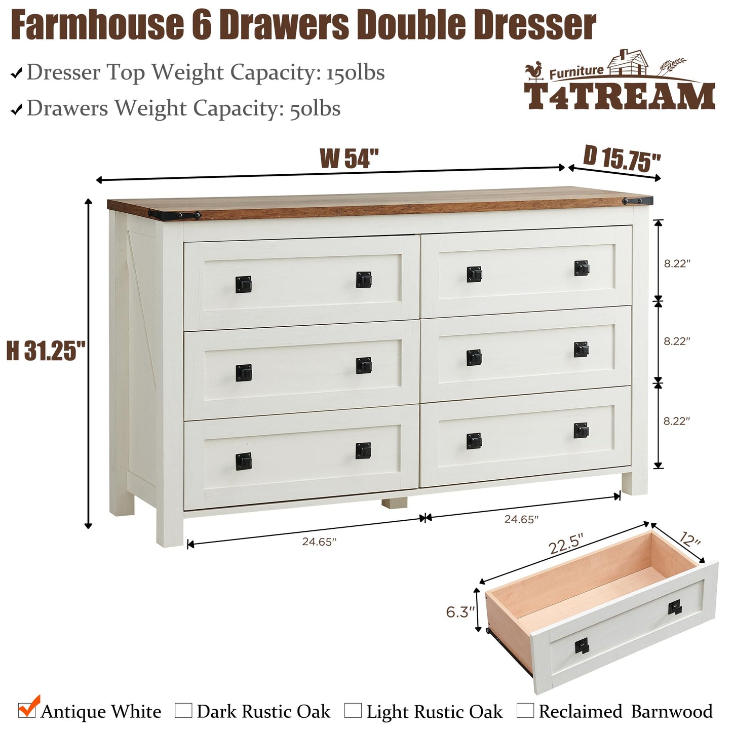 T4TREAM Farmhouse 6 Drawers Dresser Chests for Bedroom, Wood Rustic Wide Chset of Drawers,Storage Dressers Organizer for Bedroom, Living Room,Hallway, Antique White