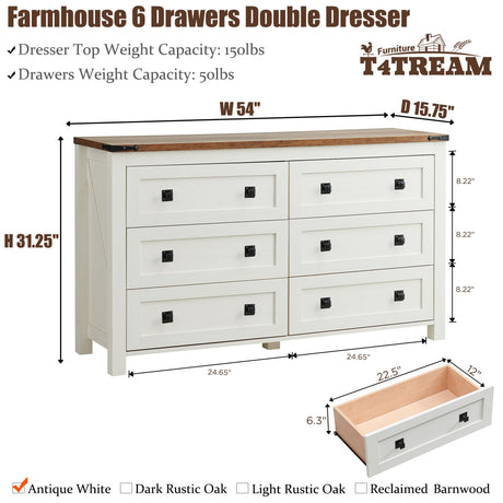 T4TREAM Farmhouse 6 Drawers Dresser Chests for Bedroom, Wood Rustic Wide Chset of Drawers,Storage Dressers Organizer for Bedroom, Living Room,Hallway, Antique White T4TREAM