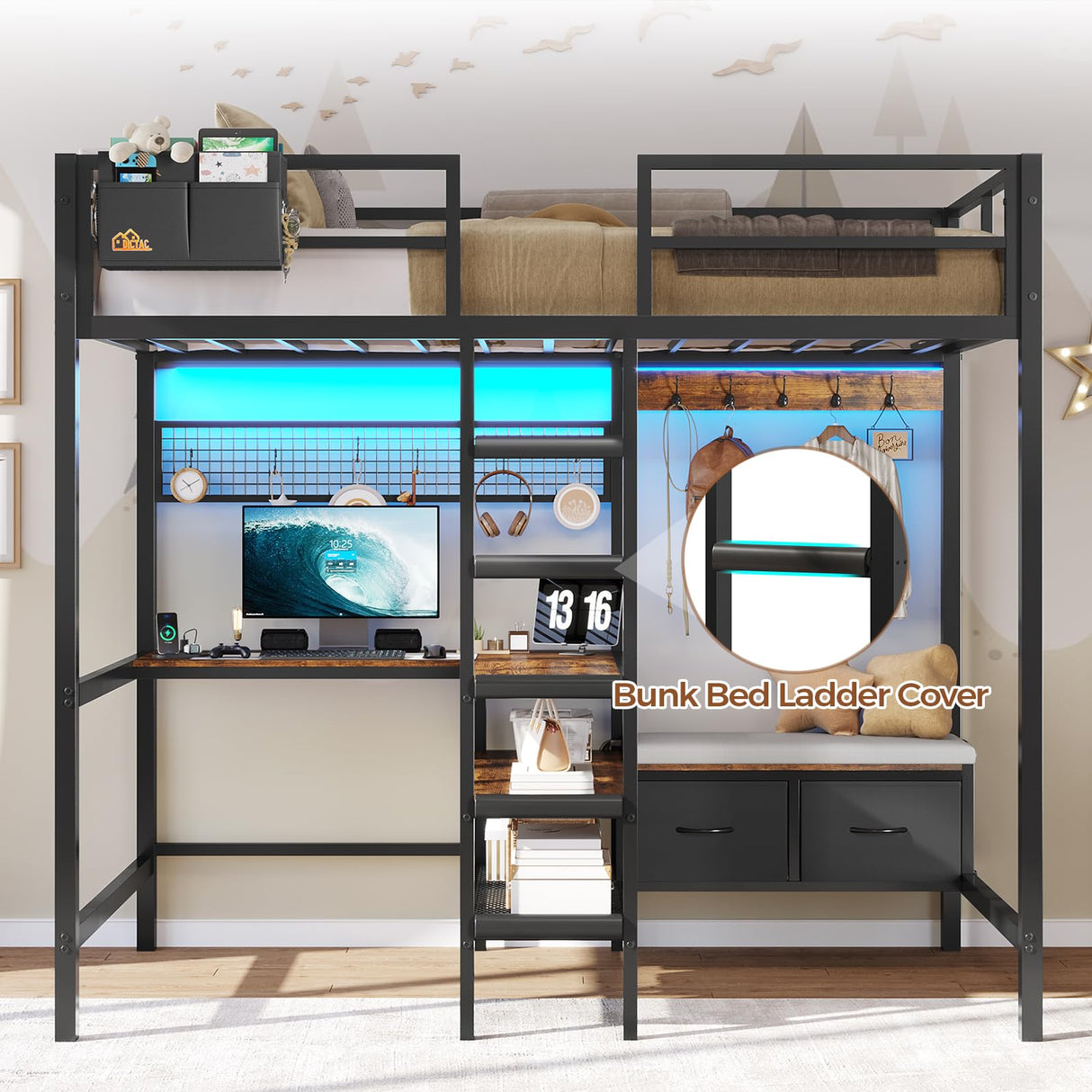 DICTAC Twin Loft Bed with L-Shaped Desk,Storage Shelves and Charging Station Metal Loft Bed Twin Size with LED Lights,Coat Rack with Drawers and Stair,Top Bunk with Safety Guardrail for Teen,Black DICTAC