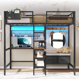 DICTAC Twin Loft Bed with L-Shaped Desk,Storage Shelves and Charging Station Metal Loft Bed Twin Size with LED Lights,Coat Rack with Drawers and Stair,Top Bunk with Safety Guardrail for Teen,Black DICTAC