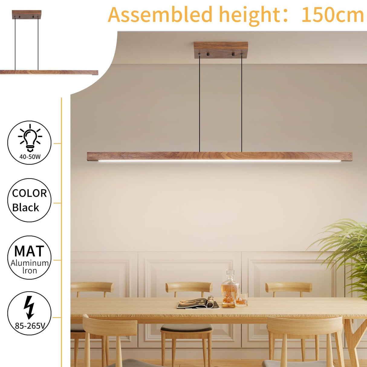 Mikeru Linear Chandelier, 47" Modern Chandelier Walnut LED Dimmable 3000k-6000k Wood LED Pendant Light, Hanging Light Fixture for Restaurant Bar Office Living Room Mikeru