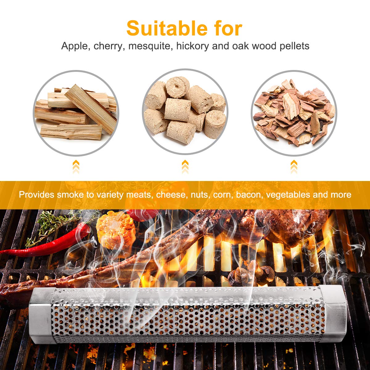 Pellet Smoker Tube, 2 Pack 12'' Stainless Steel BBQ Wood Pellet Tube Smoker, for Cold/Hot Smoking (2 Pack 12'' Smoker) LFSEMINI