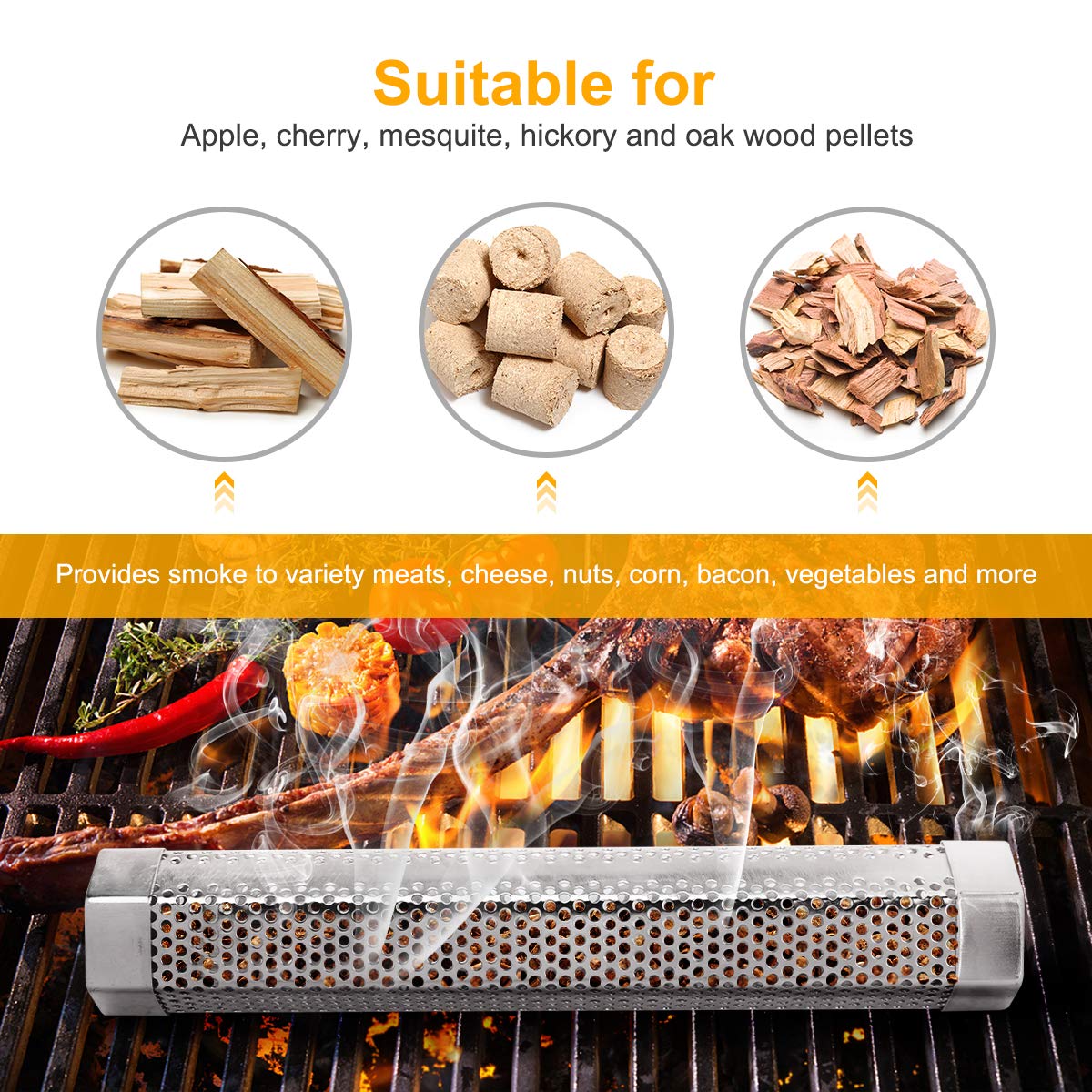 Pellet Smoker Tube, 2 Pack 12'' Stainless Steel BBQ Wood Pellet Tube Smoker, for Cold/Hot Smoking (2 Pack 12'' Smoker)