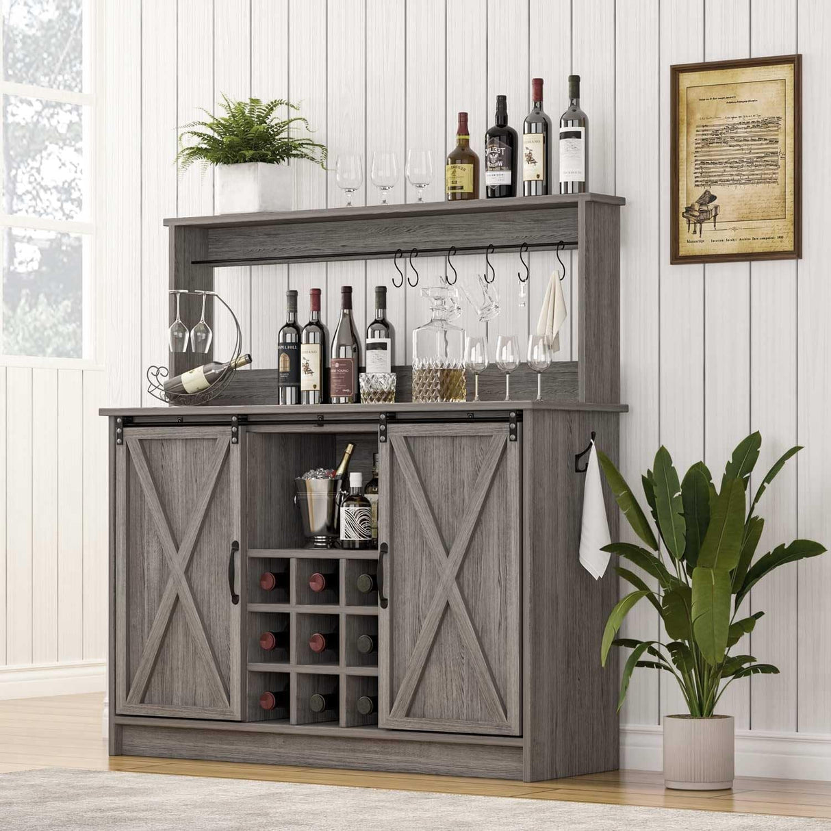 4ever2buy Farmhouse Coffee Bar Cabinet with Sliding Barn Doors, 50 Inch Coffee Bar Hutch with 6 Hooks and 9 Mug Rack, Hutch Cabinet with Storage for Living Room 4ever2buy