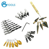 GMTOOLS 28Pcs Woodworking Chamfer Drilling Tools-Countersink Bit, Step Drill Bit Set, Wood Plug Cutter Drill Bit Set (2 Styles), 5-Flute Countersink Drill Bit, Positioning Punch and 1pc Hex Wrench GMTOOLS
