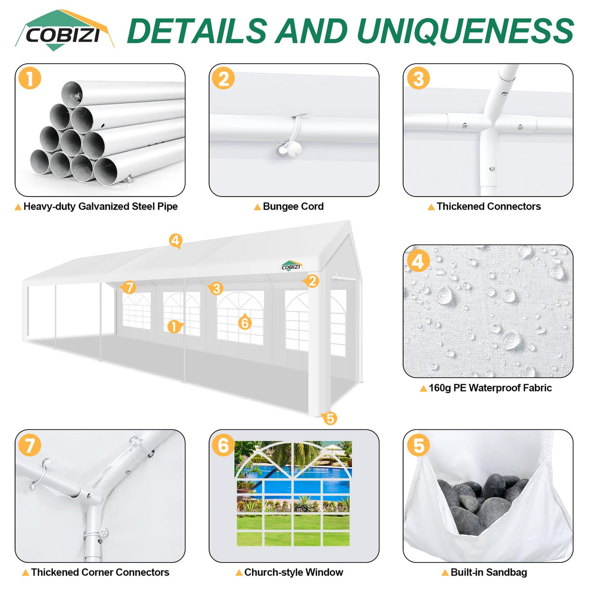 COBIZI 10x30FT Party Tent Heavy Duty White Event Shelter Outdoor Wedding Gazebo Canopy Tent for Parties Carport BBQ Commercial with Removable Sidewall Windows, Powder Coating (Better Than Galvanized) COBIZI